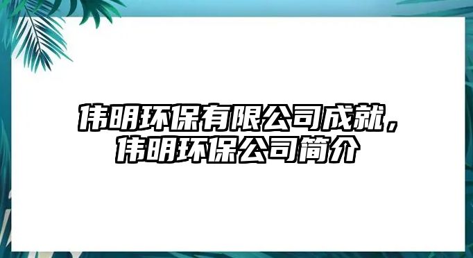 偉明環(huán)保有限公司成就，偉明環(huán)保公司簡介